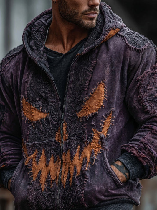 Men's Pumpkin Face Embroidered Washed Zip Up Hoodie artswardrobe