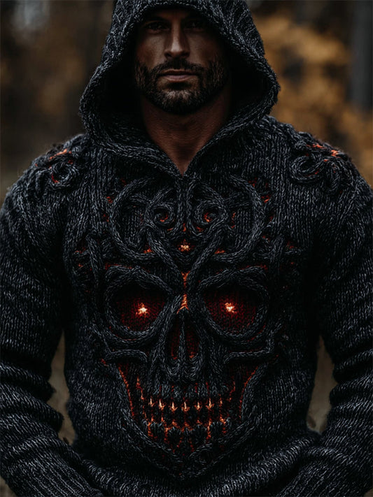 Men���s Vintage Celtic Skull Cozy Chunky Hooded Sweater artswardrobe