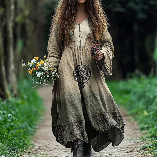 Women's Vintage Viking Tree Of Life Printed Cotton And Linen Dress artswardrobe