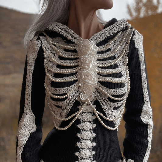 Women's Retro Halloween Plant Flower And Skull Art Design Knitted Hooded Sweater artswardrobe