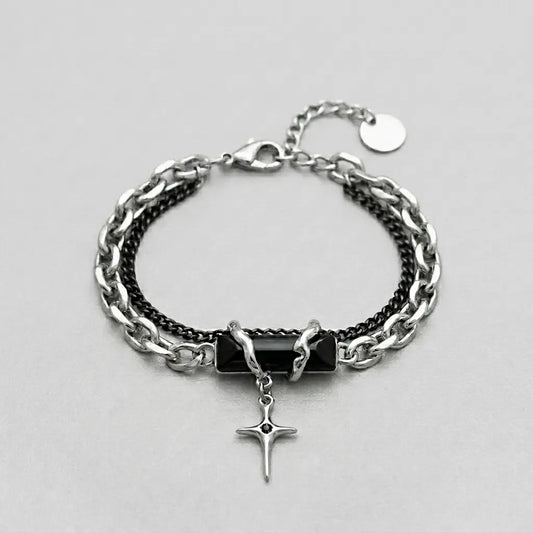 Obsidian Shard Star Charm Dual-Chain Bracelet