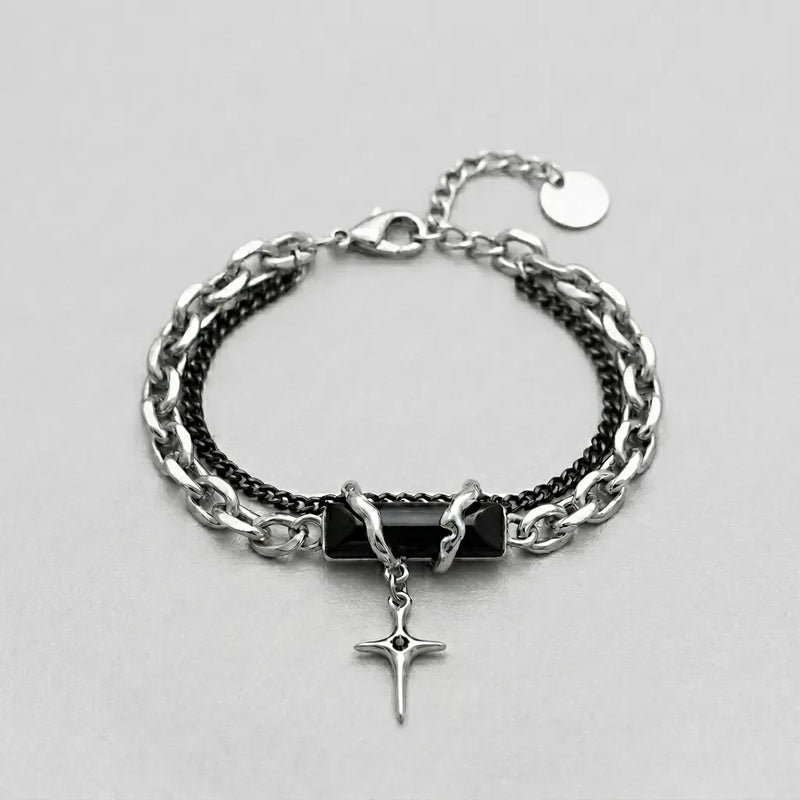 Obsidian Shard Star Charm Dual-Chain Bracelet