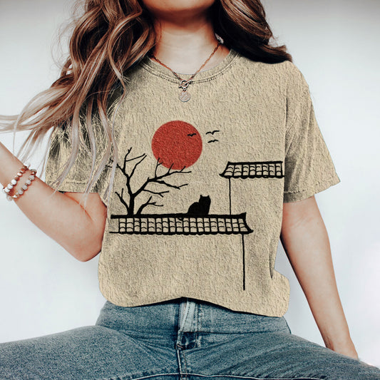 Comstylish Vintage Japanese Cat & Sunset Print Women's T-shirt