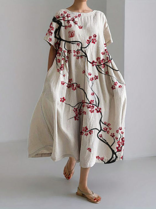 Comstylish Classy Plum Blossom Japanese Art Linen Blend Maxi Dress