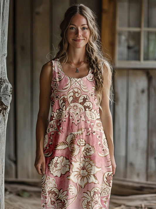 Vintage Floral Pattern Linen Tank Maxi Dress artswardrobe