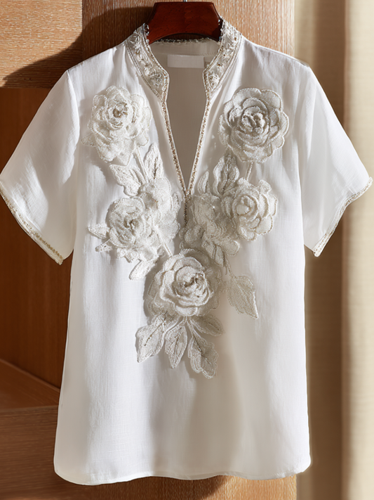 Comstylish Retro White Rose With Sparkle Women's V-neck Top