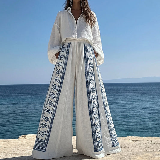 Women's Vintage Greek Key Embroidered Linen Lounge Pants artswardrobe