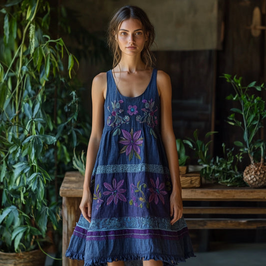 Vintage Bohemian Floral Embroidery Linen Mini Dress artswardrobe