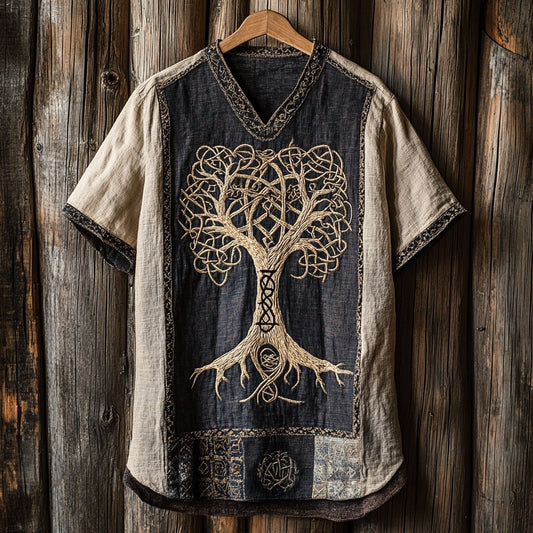 Men's Tribal Life Of Tree Celtic Art Linen V-neck T Shirt artswardrobe