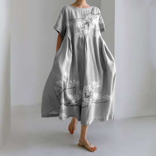 Comstylish Magnolia Flower Japanese Linen Blend Maxi Dress