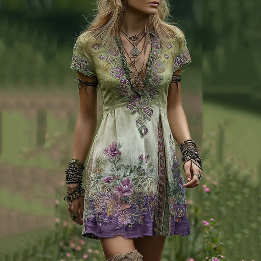 Vintage Gradient Purple Floral Embroidered Patchwork Linen Midi Dress artswardrobe