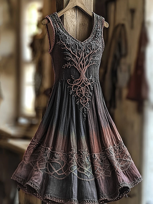 Women's Vintage Viking Tree Of Life Color Gradient Linen Dress artswardrobe
