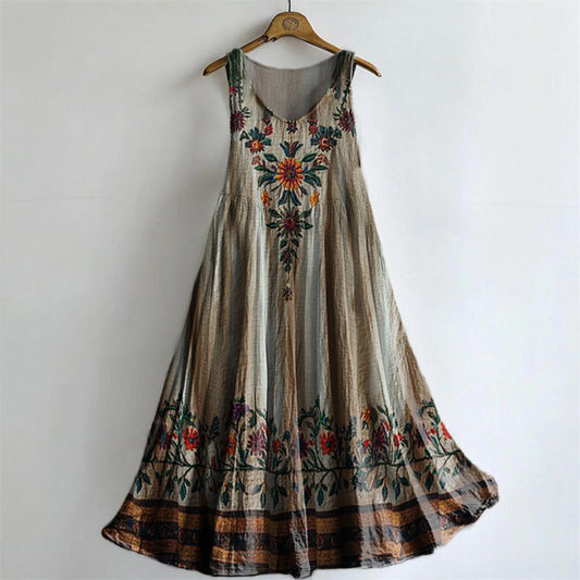Women's Vintage Floral Pattern Art Print Round Neck Sleeveless Cotton