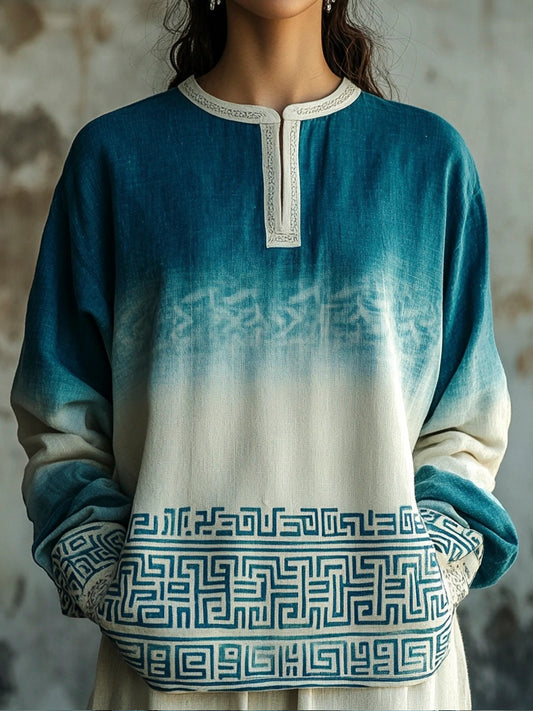 Greek Key Pattern Tie-dye Women's Linen Shirt artswardrobe