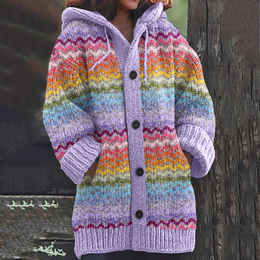 Fairman Island Geometric Contrast Print Hooded Cardigan Sweater elevenforest