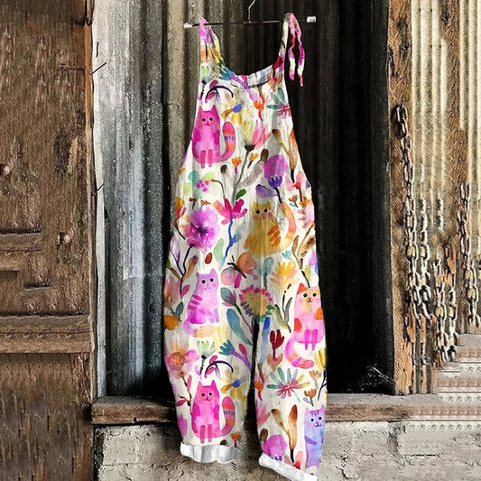 Comstylish Women's Vintage Floral Cat Art Pattern Jumpsuit