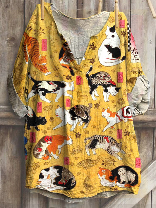 Comstylish Japanese Art Cat Print Cotton Blend T-Shirt