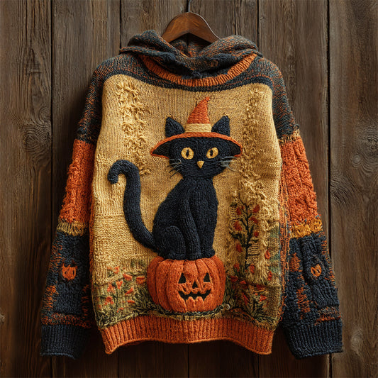 Halloween Black Cat With Hat & Pumpkin Art Women's Knit Hooded Sweater elevenforest