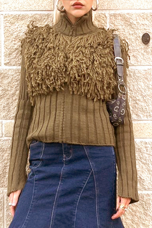 Desirée® | Casual solid color turtleneck sweaters with fringe trim and zip fastening