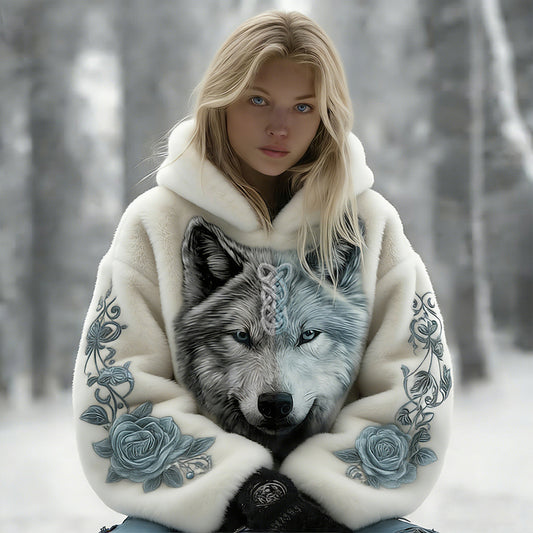 Comstylish Women's Glacier Wolf And Rose Celtic Design Flannel Warm Cozy Hoodie