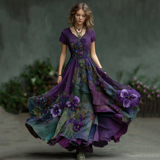 Women's Vintage Embroidered Pansy Floral Patchwork Plaid Short Sleeve Maxi Dress artswardrobe