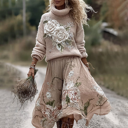 Vintage Rose In Pink Art Cozy Knit Turtleneck Sweater And Linen Skirt Two-piece Set elevenforest