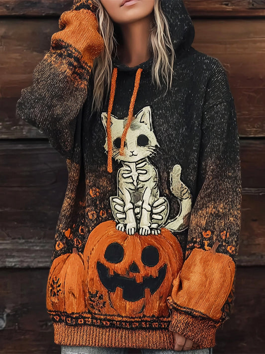 Comstylish Halloween Skeleton Cat & Pumpkin Women's Hooded Sweater