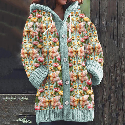 Dragonfly Flower Art Print Knitted Hooded Cardigan artswardrobe