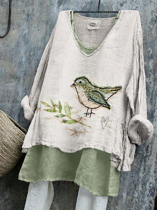 Comstylish Bird & Leaves Floral Fiber Art Linen Tunic