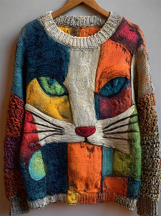 Comstylish Vintage Cat Face Colorblock Art Cozy Knit Sweater