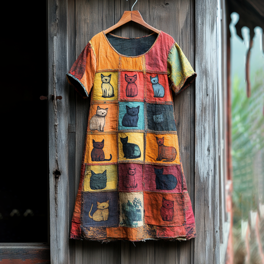 Women's Pop Art Cat Patchwork Design Cotton Line Dress elevenforest