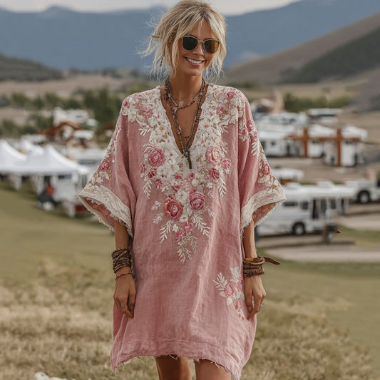 Rose Embroidered Gradient Linen Mini Dress artswardrobe