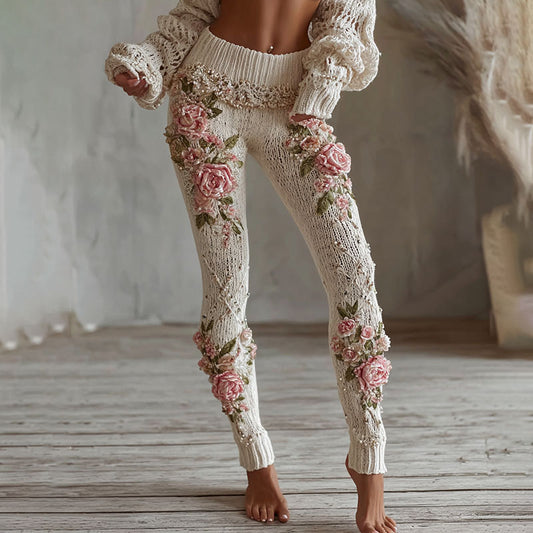 Women's Vintage Pink Floral Art Cozy Knit Leggings