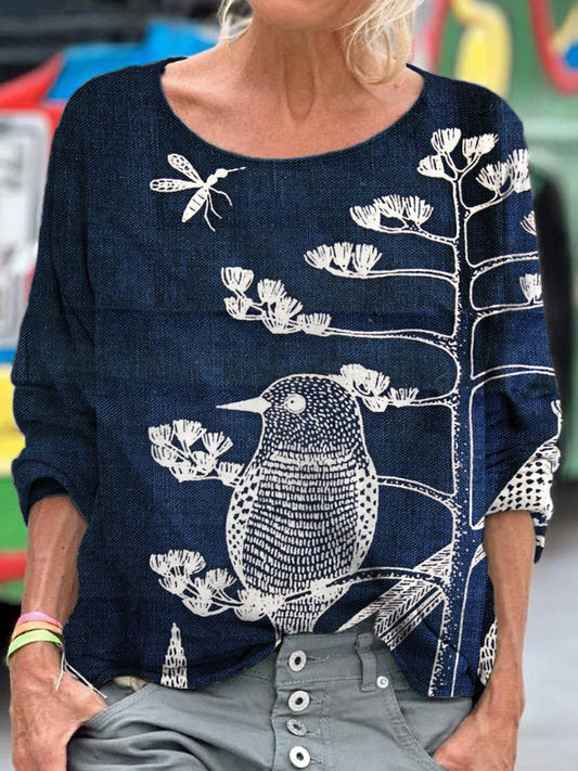 Comstylish Japanese Animal Embroidery Art Women's Linen Shirt