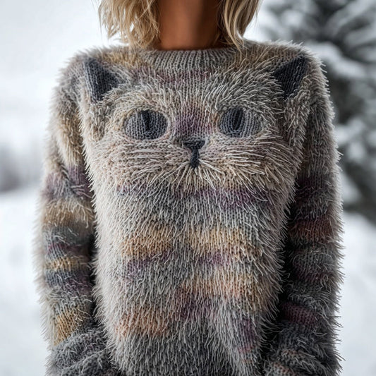Cute Fuzzy Cat Embroidered Vintage Cozy Sweater artswardrobe