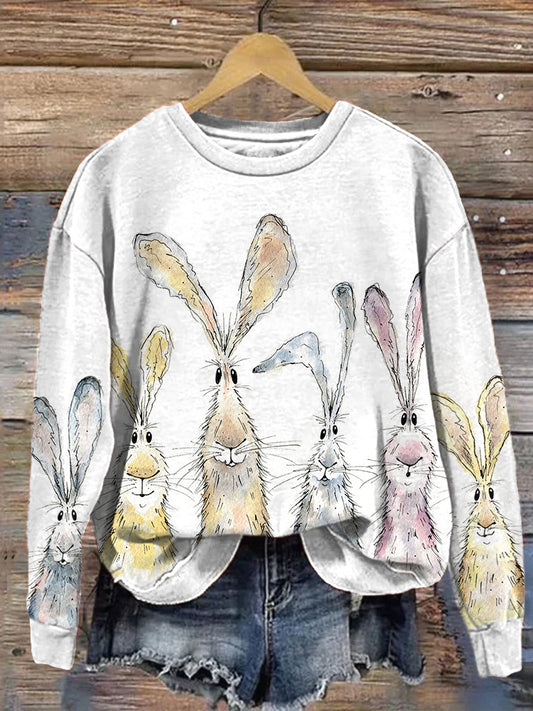 Watercolor Bunny Print Casual Cozy Sweatshirt artswardrobe