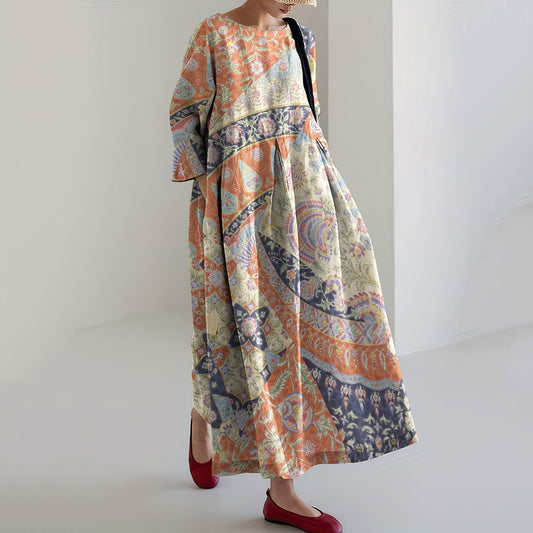 Comstylish Vintage Japanese Art Print Linen Blend Loose Midi Dress