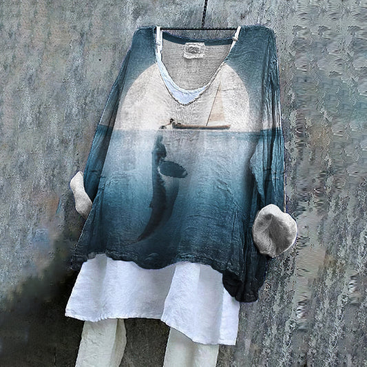 Humpback Whale Dreamy Art Pattern Linen Blend Tunic artswardrobe
