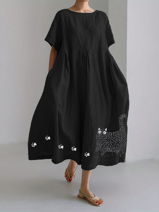Fuzzy Cat & Paw Prints Embroidered Linen Blend Maxi Dress