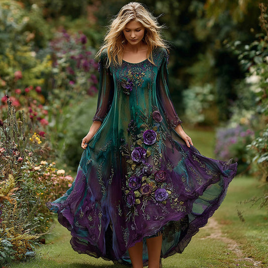 Women's Vintage Floral Embroidery Gradient Pattern Round Neck Long Sleeve Dress artswardrobe