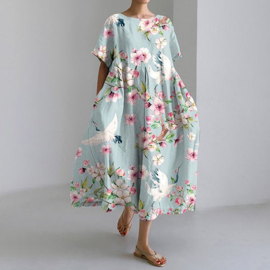 Comstylish Crane Print Round Neck Short Sleeve Casual Midi Dress