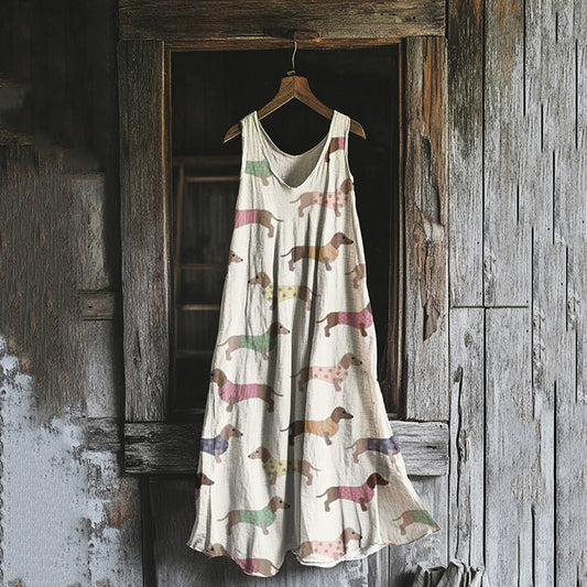 Women's Vintage Dachshund Casual Linen And Cotton Midi Dress artswardrobe