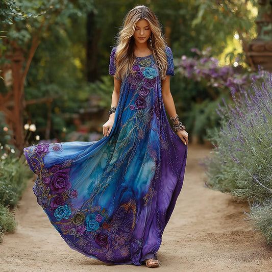 Women's Vintage Floral Embroidery Round Neck Short Sleeve Dress artswardrobe