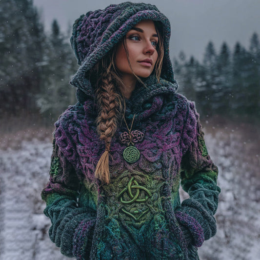 Women's Vintage Celtic Knot Gradient Art Knit Hooded Sweater elevenforest