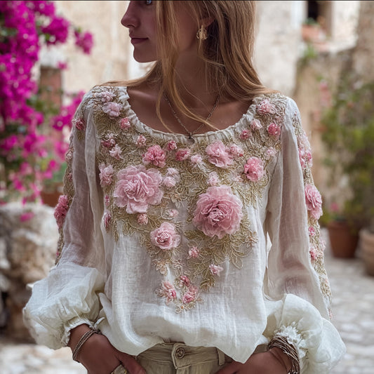 Comstylish Bohemian Style Flower Embroidery Round Neck Knitted Casual Long-sleeved Top