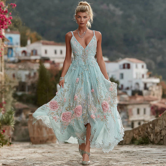 Comstylish Women's Vintage Bohemian Floral Embroidery Casual Sleeveless Dress