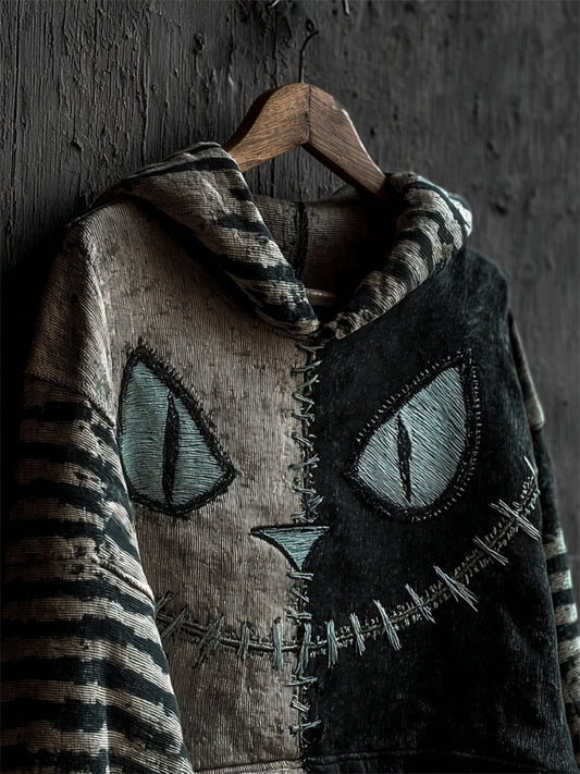 Comstylish Halloween Vintage Cat Face Contrast Stitched Striped Sleeve Hoodie