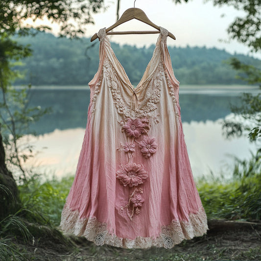 Retro Gradient Japanese Sakura Embroidered Art Lace Linen Tank Top artswardrobe