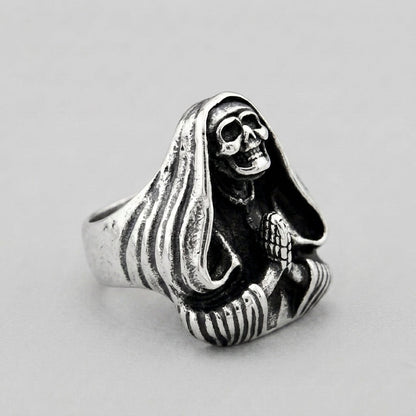 Hooded Grim Reaper Ring with Praying Skeleton Hands