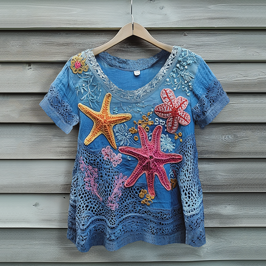 Underwater World Colorful Starfish Embroidered Lace Art Linen Blend Shirt artswardrobe